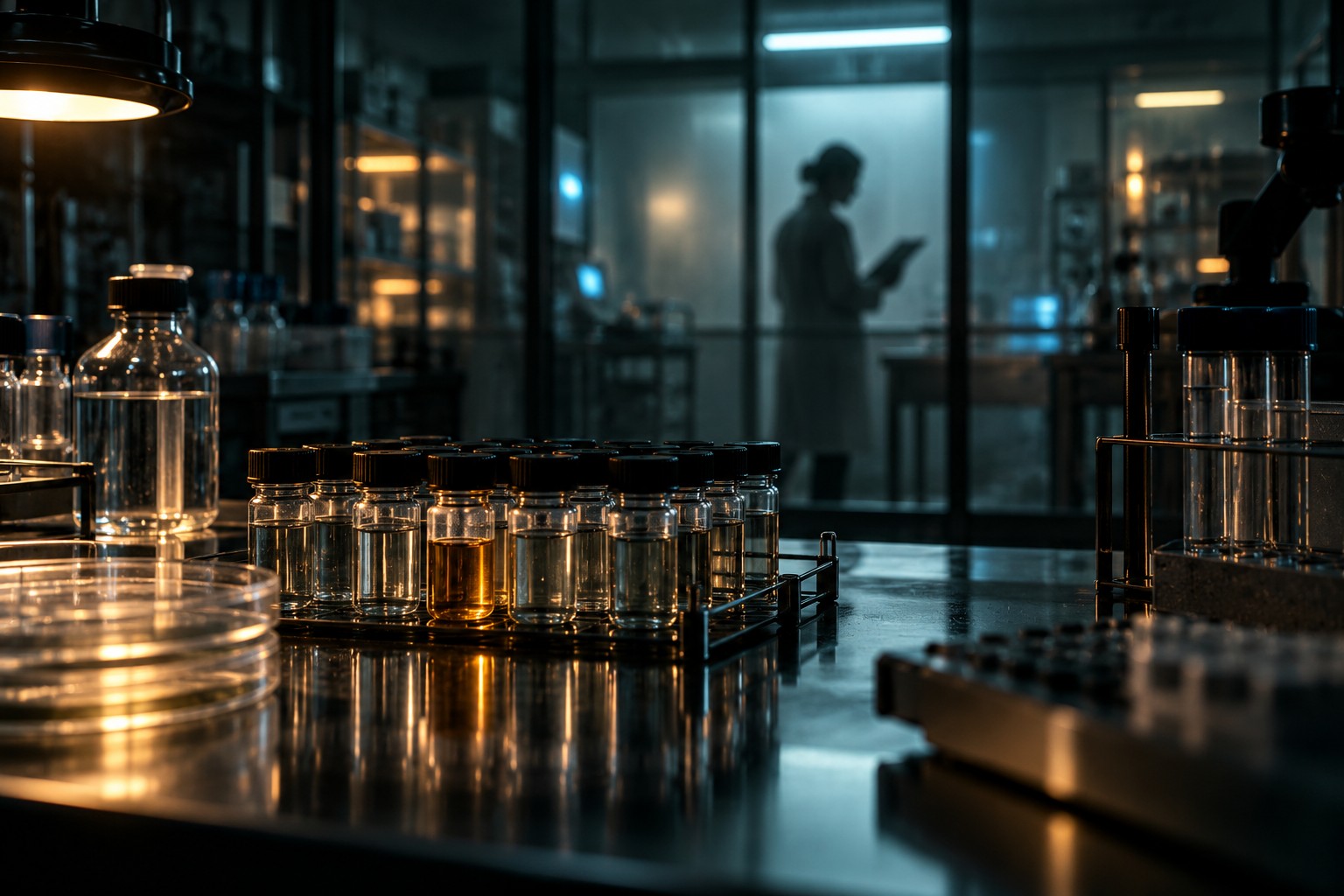 Laboratorio en penumbra con muestras de vidrio